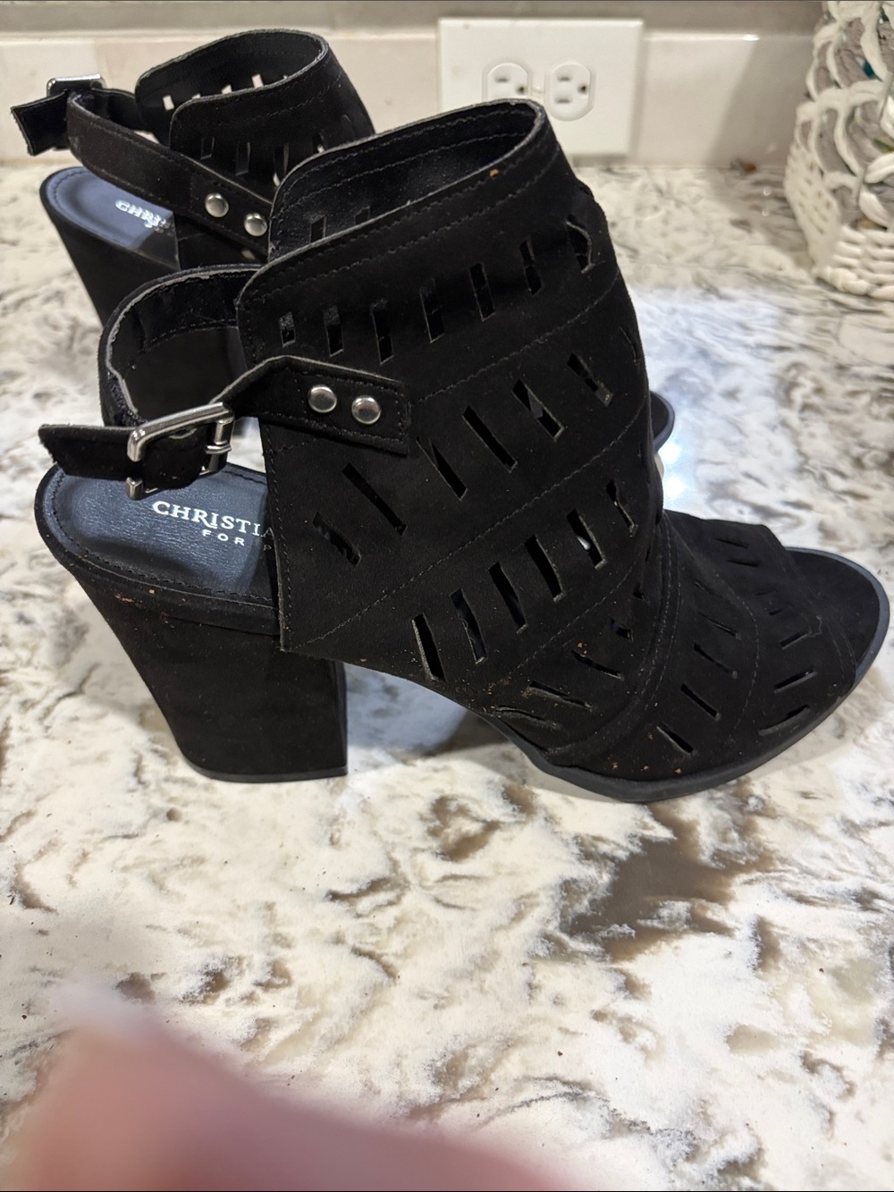 Black Suede Cutout Block Heel Sandals